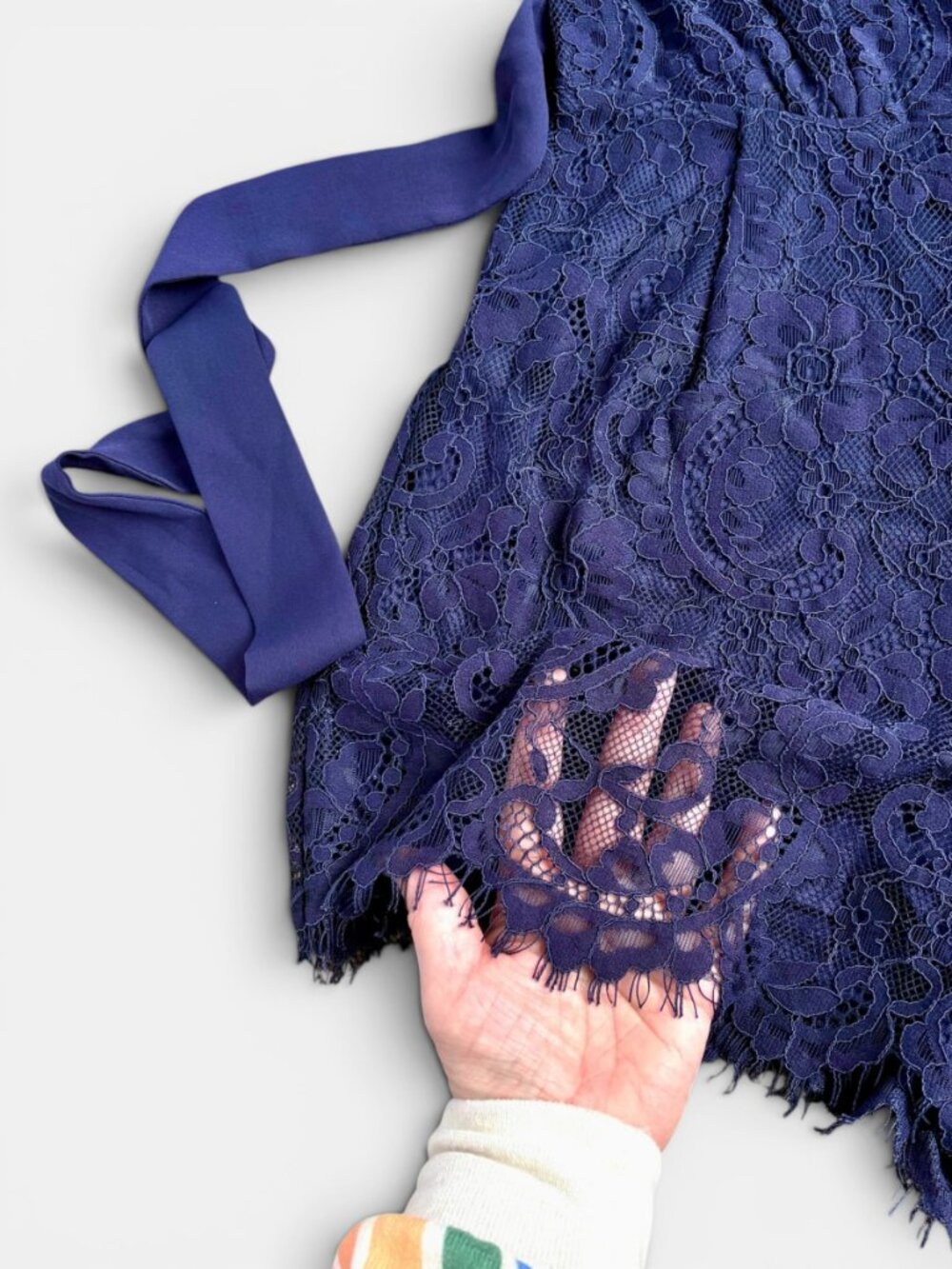 Blue Rain Navy Blue Lace Romper Wrap Front Tie Waist Flutter Sleeve Size Small - Picture 5 of 16